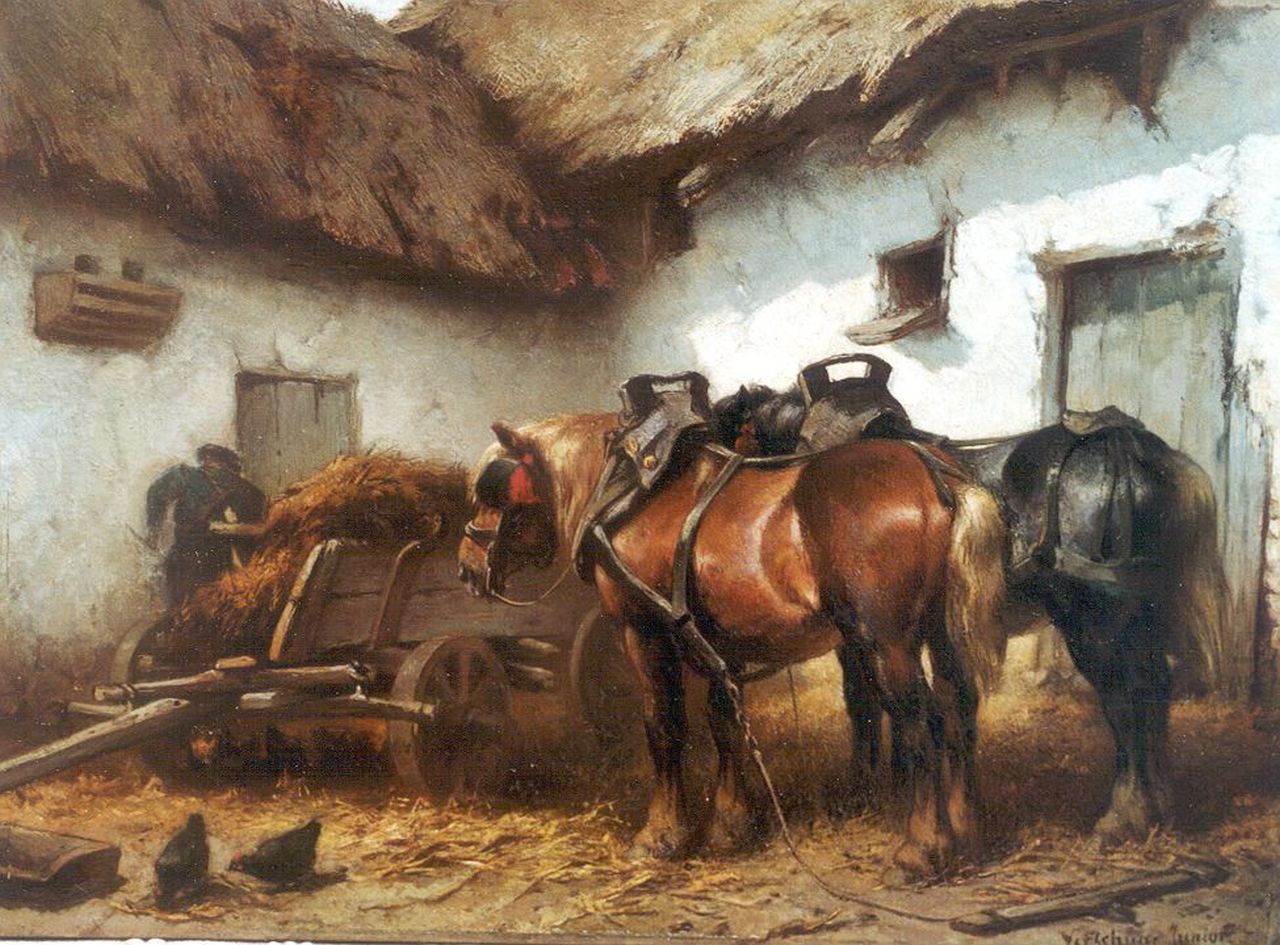 Verschuur jr. W.  | Wouter Verschuur jr., A farmer and horses on a yard, Öl auf Holz 24,5 x 33,4 cm, signed l.r.