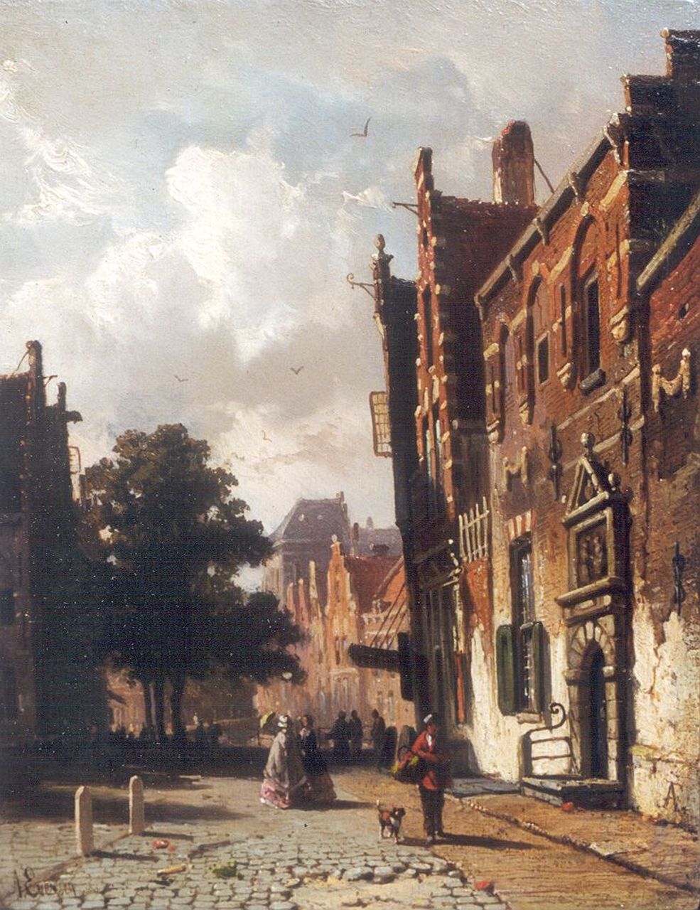 Eversen A.  | Adrianus Eversen, Figures in a sunlit street, Öl auf Holz 19,0 x 15,0 cm, signed l.l. and l.r. with monogram