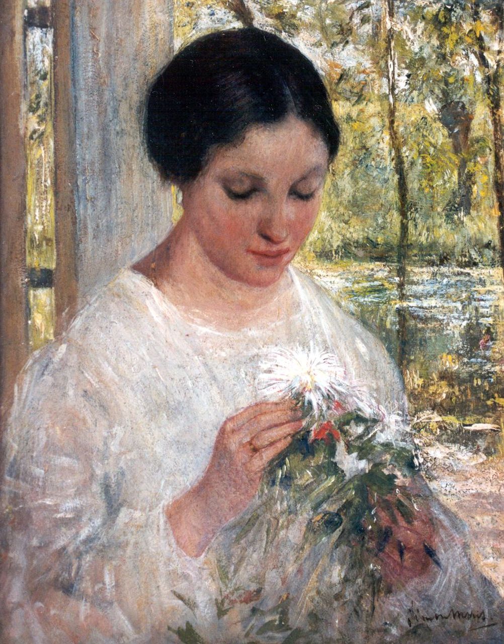 Maris S.W.  | Simon Willem Maris, A young woman with a bouquet, Öl auf Holz 30,8 x 24,1 cm, signed l.r.