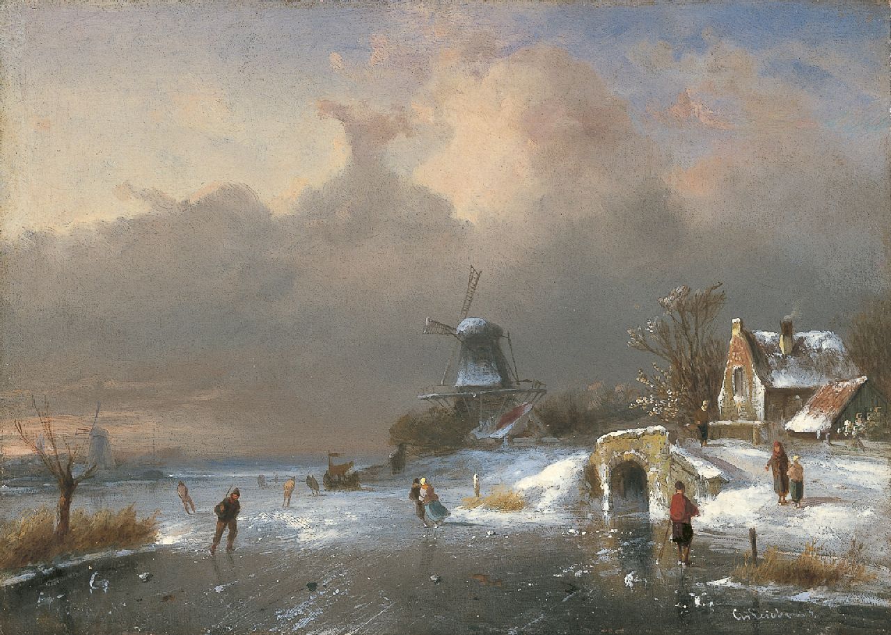 Leickert C.H.J.  | 'Charles' Henri Joseph Leickert, A winter landscape with skaters, Öl auf Holz 23,7 x 33,1 cm, signed l.r.