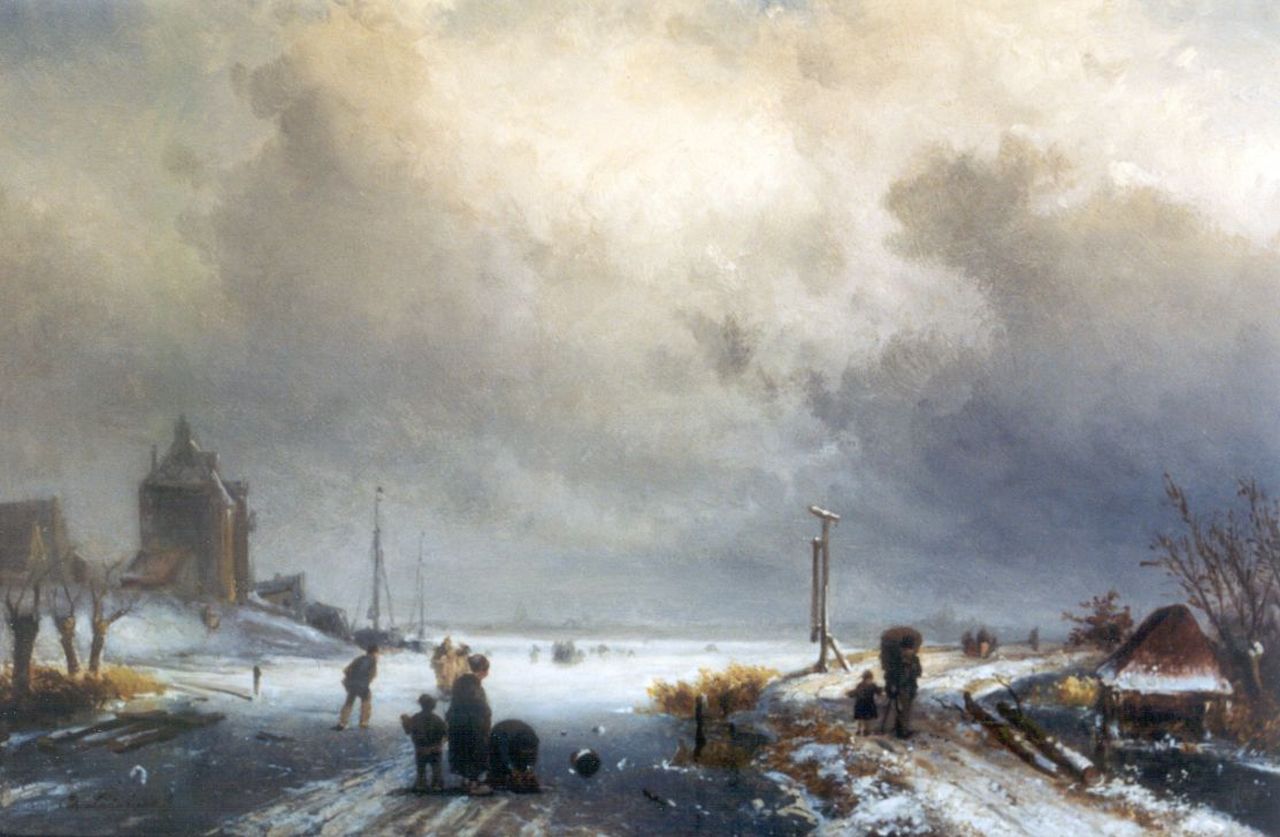 Leickert C.H.J.  | 'Charles' Henri Joseph Leickert, Winter landscape (added staffage by J.H.B. Koekkoek), Öl auf Holz 31,2 x 45,6 cm, signed l.l.