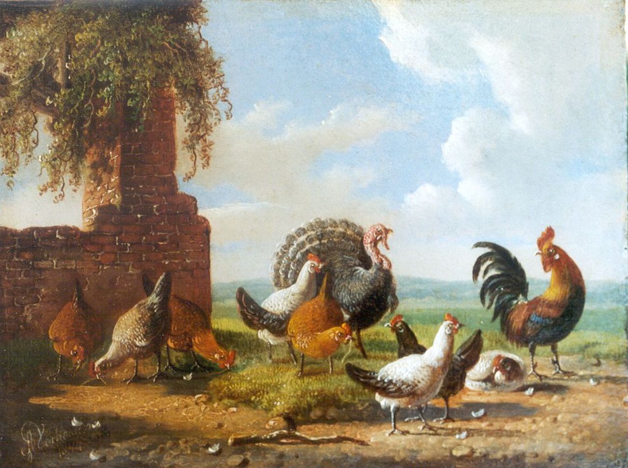 Verhoesen A.  | Albertus Verhoesen, A rooster, chickens and a turkey in a landscape, Öl auf Holz 13,1 x 17,3 cm, signed l.l. und dated 1854