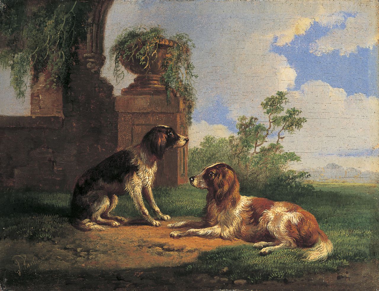 Verhoesen A.  | Albertus Verhoesen, Two retrievers in a classical landscape, Öl auf Holz 13,0 x 16,9 cm, signed l.l. und dated 1865