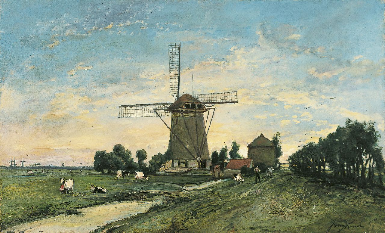 Jongkind J.B.  | Johan Barthold Jongkind, A windmill, Overschie, Öl auf Leinwand 34,7 x 55,8 cm, signed l.r. und dated '57