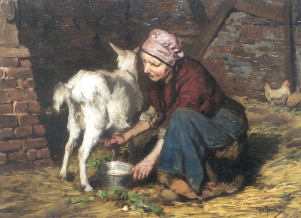 Horrix H.M.  | Hendrikus Matheus 'Mathieu' Horrix, Milking the goat, Öl auf Leinwand 58,4 x 76,3 cm, signed l.r.