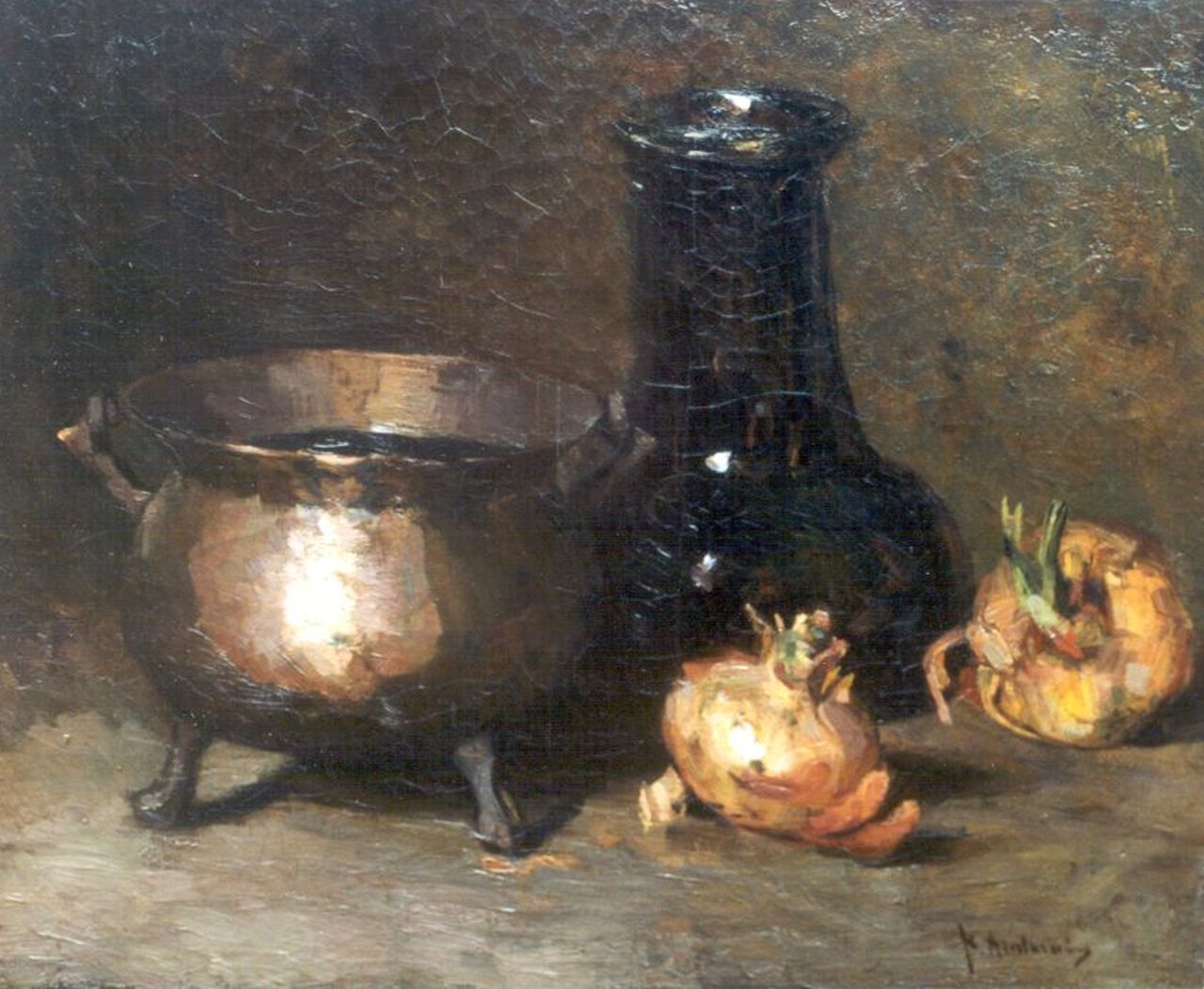 Arntzenius P.F.N.J.  | Pieter Florentius Nicolaas Jacobus 'Floris' Arntzenius, A still life with onions and a copper bowl, Öl auf Leinwand 38,5 x 46,3 cm, signed l.r.