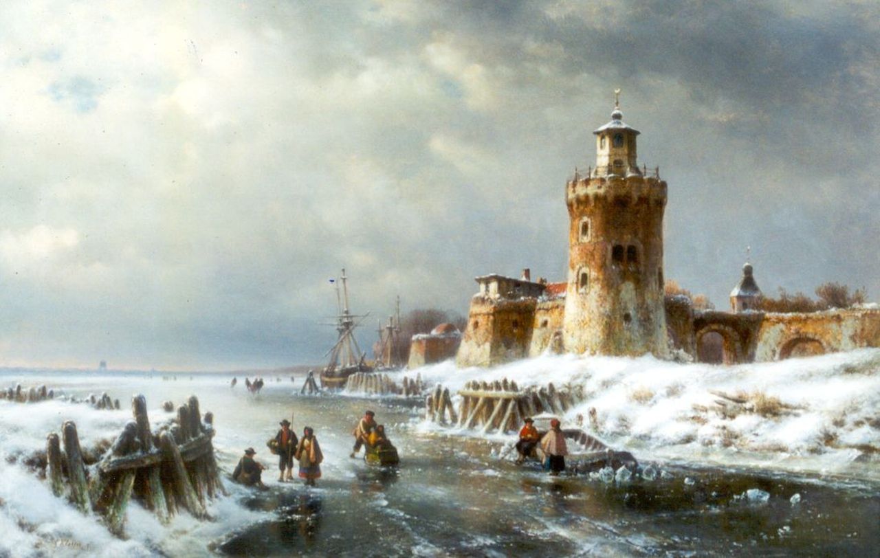 Kleijn L.J.  | Lodewijk Johannes Kleijn, Skaters on the ice by a fortified town, Öl auf Holz 66,5 x 102,3 cm, signed l.l.