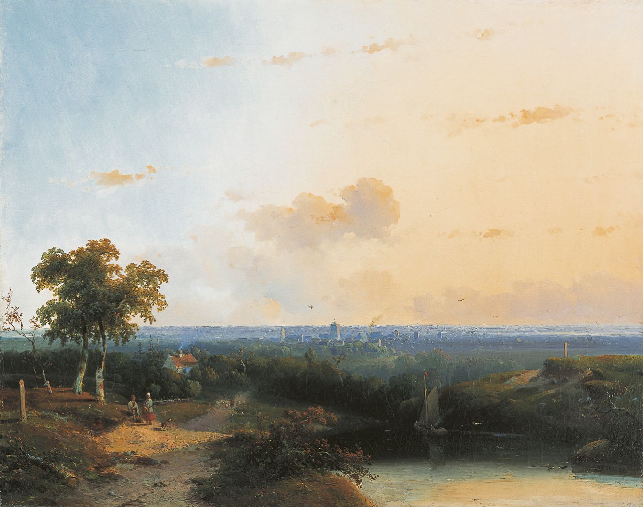 Vrolijk J.A.  | Jacobus 'Adriaan' Vrolijk, Panoramische Sommerlandschaft mit Spaziergängern am See, Öl auf Leinwand 50,5 x 63,0 cm, Unterzeichnet r.u. und datiert '53