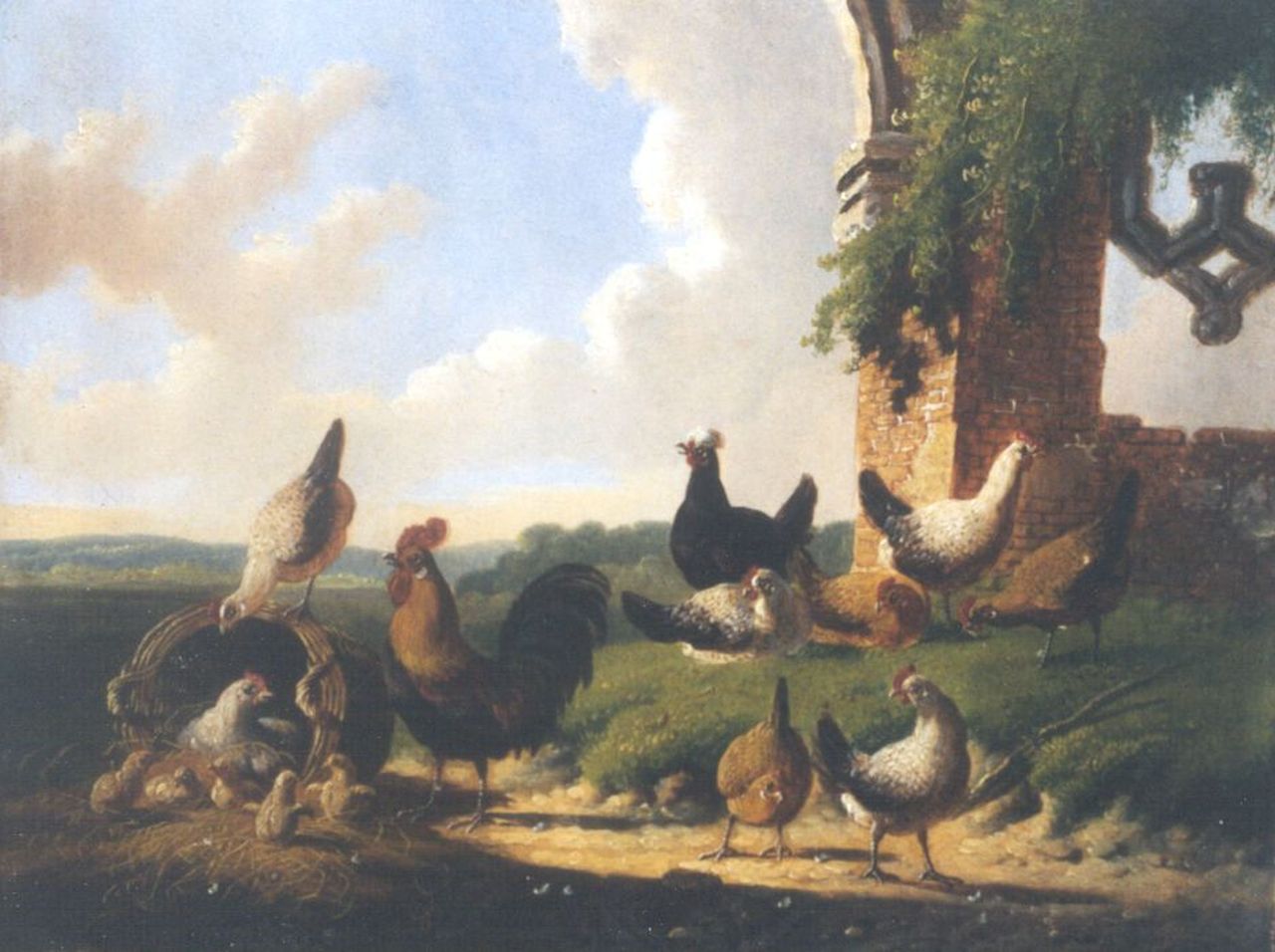 Verhoesen A.  | Albertus Verhoesen, Poultry in a classical landscape, Öl auf Holz 18,2 x 23,7 cm, signed c.l. und dated 1874