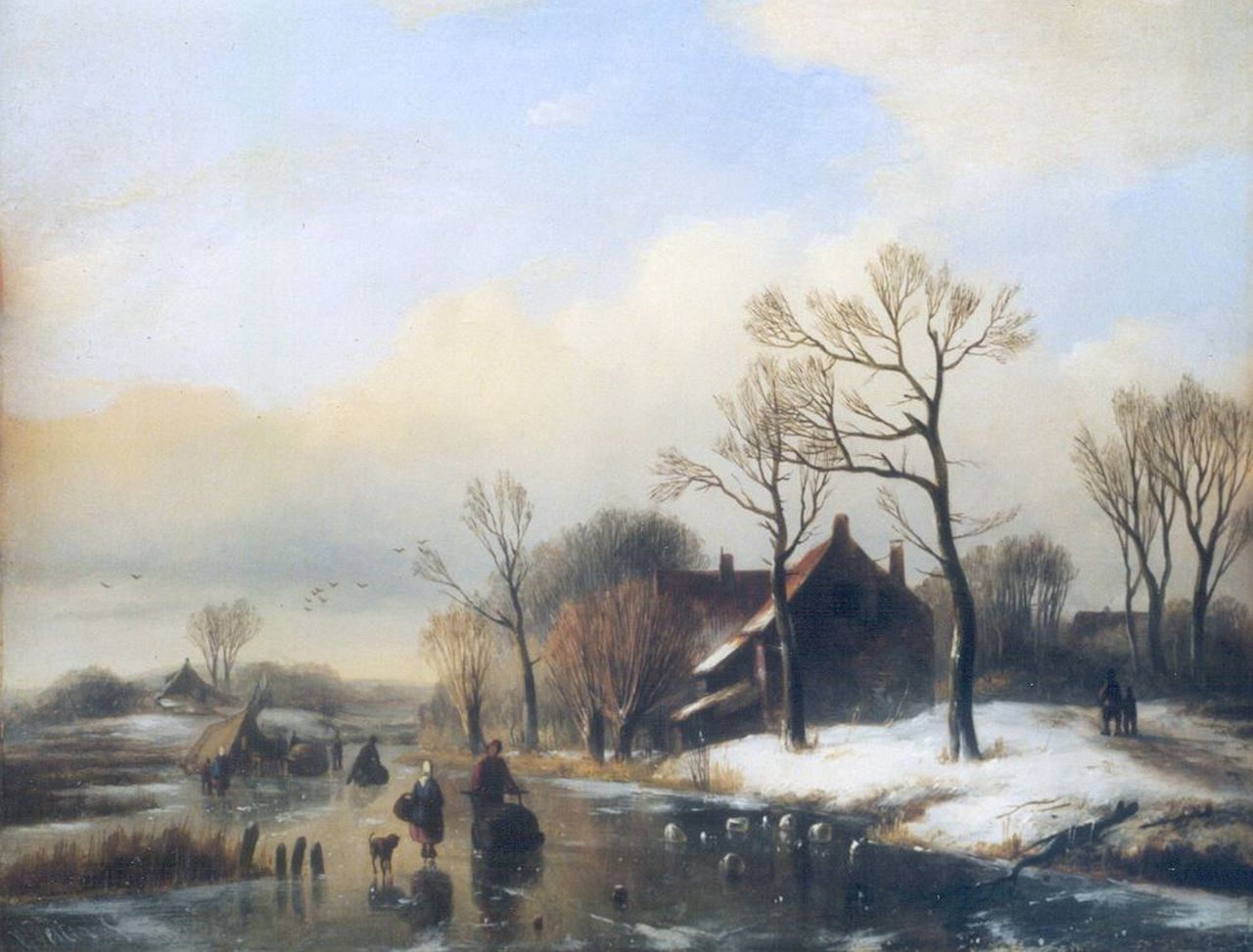 Vester W.  | Willem Vester, A frozen river with skaters and a 'koek-en-zopie', Öl auf Holz 25,5 x 32,2 cm, signed l.l.