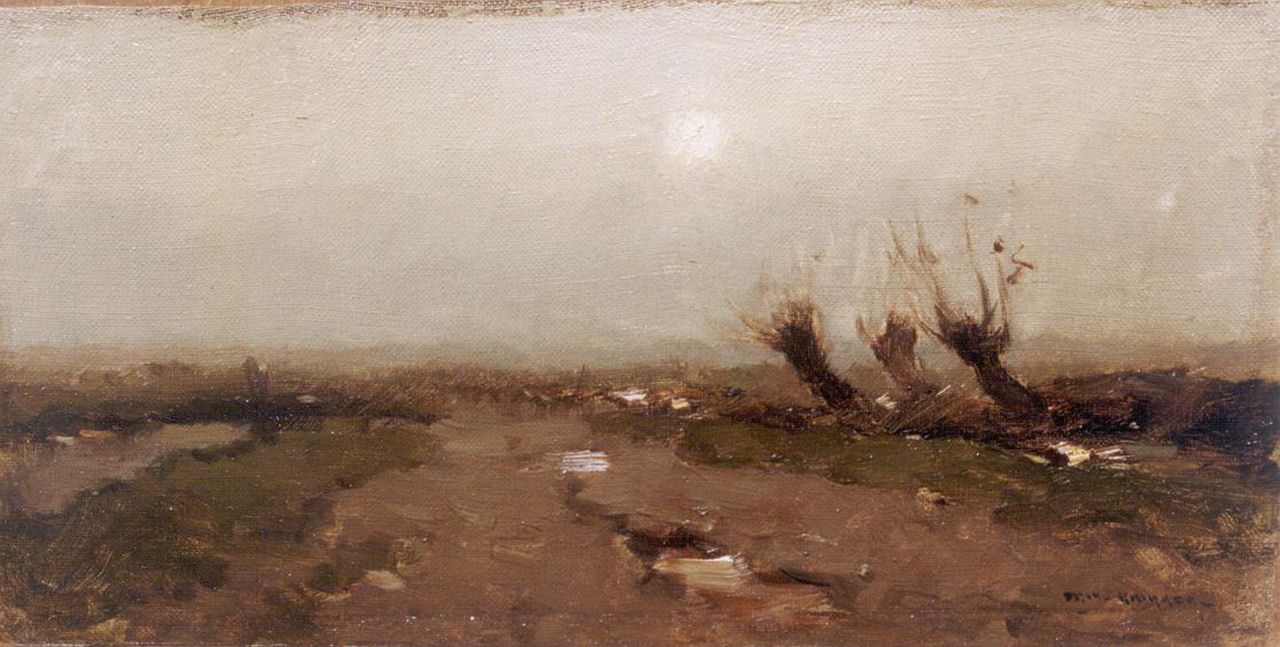 Knikker A.  | Aris Knikker, Willows in a polder landscape, Öl auf Leinwand Malereifaser 18,4 x 34,7 cm, signed l.r.