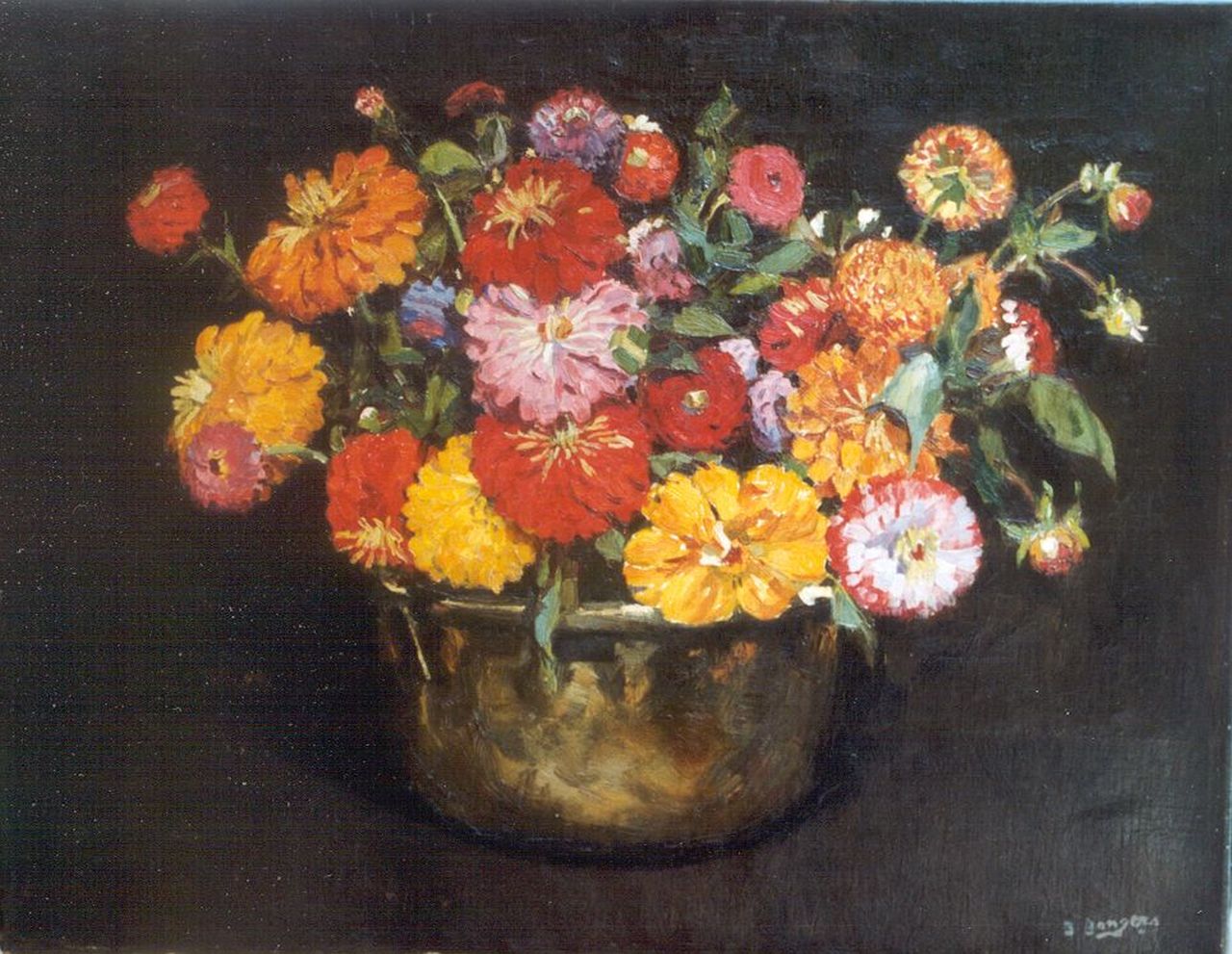 Berend Adrianus Bongers | Zinnias in a copper bowl, Öl auf Leinwand, 44,6 x 56,9 cm, signed l.r.