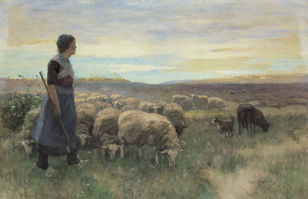 Steelink jr. W.  | Willem Steelink jr., A shepherdess and flock on the heath, Aquarell auf Papier 68,0 x 102,0 cm, signed l.r.