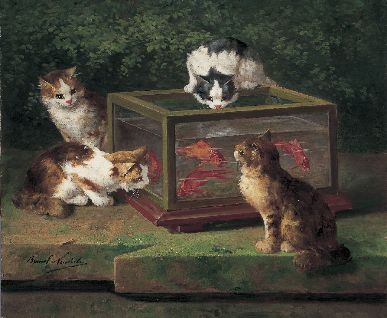Brunel de Neuville A.A. de | Alfred-Arthur de Brunel de Neuville, Four hungry cats, Öl auf Leinwand 54,0 x 65,2 cm, signed l.l.