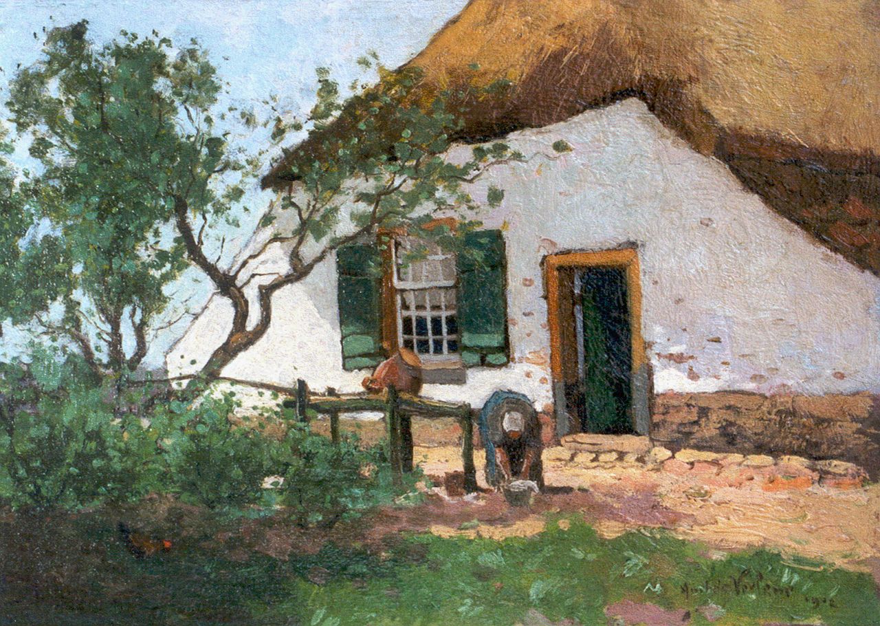 Verleur A.  | Andries Verleur, A woman on a yard, Öl auf Leinwand auf Holz 30,1 x 42,5 cm, signed l.r. und dated 1912