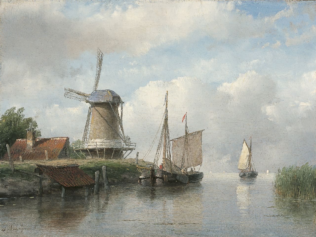Schelfhout A.  | Andreas Schelfhout, Moored sailing vessels by a windmill, Öl auf Holz 16,8 x 22,4 cm, signed l.l. und painted between 1843-1858