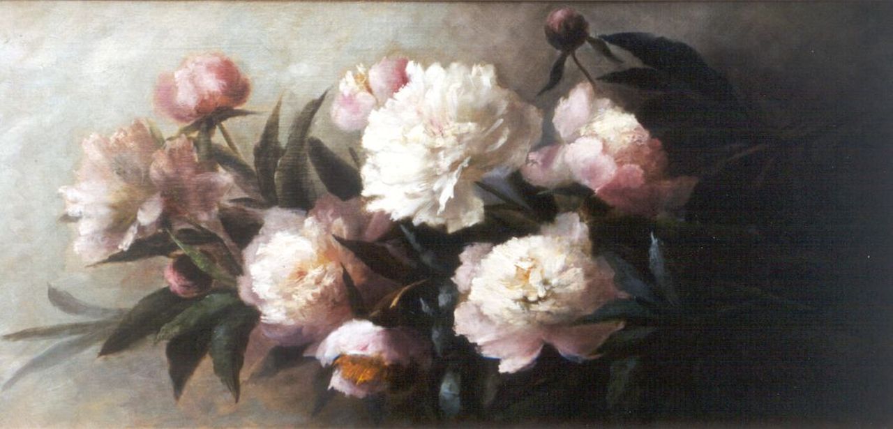 Stenis-Breuer C.F. van | 'Clara' Francina van Stenis-Breuer, Still life with peonies, Öl auf Leinwand 38,4 x 78,3 cm