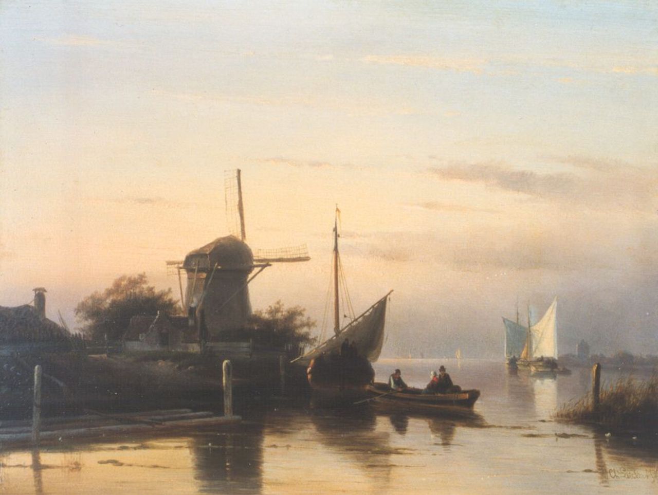 Leickert C.H.J.  | 'Charles' Henri Joseph Leickert, A barge departing, Öl auf Holz 24,8 x 32,7 cm, signed l.r.