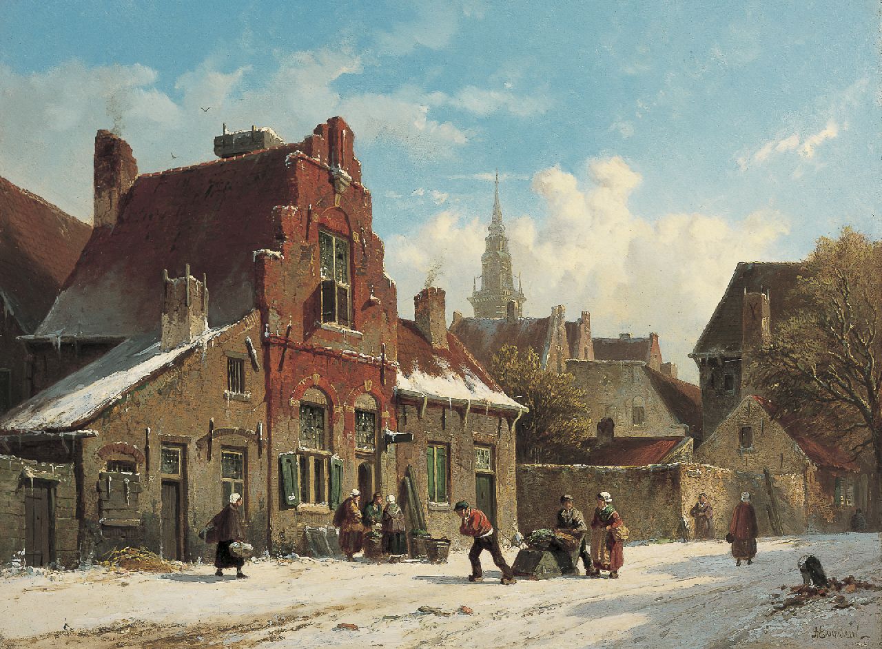 Eversen A.  | Adrianus Eversen, A snow-covered Dutch town, Öl auf Holz 31,7 x 42,7 cm, signed l.r. and on the reverse on traces of label