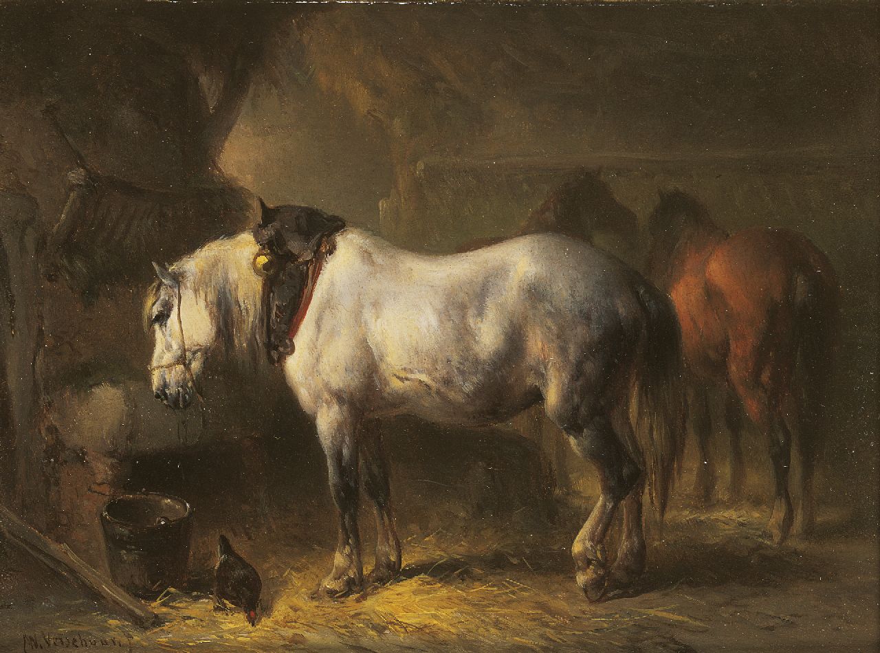 Verschuur W.  | Wouterus Verschuur, In the stable, Öl auf Holz 13,9 x 18,5 cm, signed l.l. and on label (reverse)