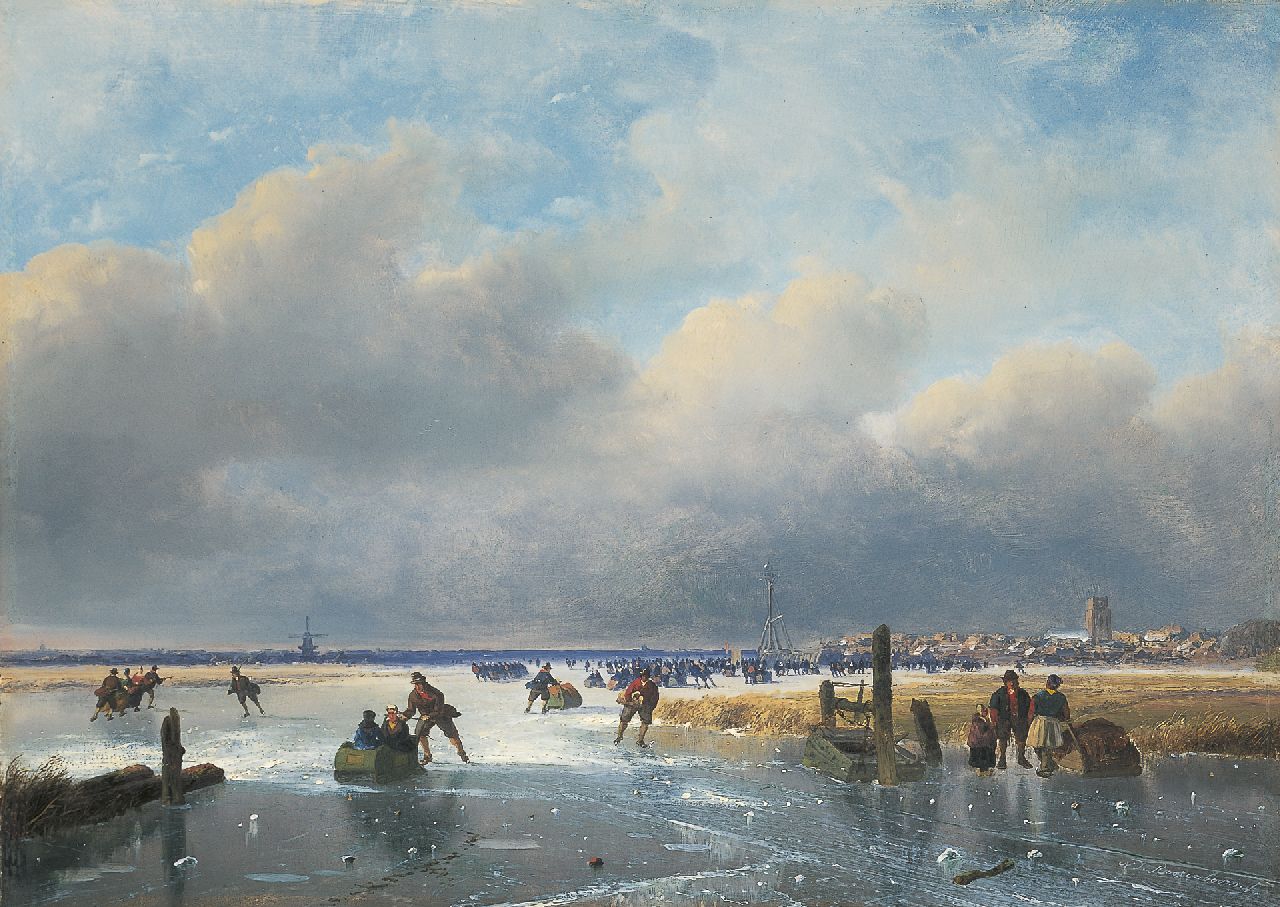 Roosenboom N.J.  | Nicolaas Johannes Roosenboom, Skaters on the ice near Dordrecht, Öl auf Holz 35,1 x 49,6 cm, signed l.r. und executed in the late fifties or sixties