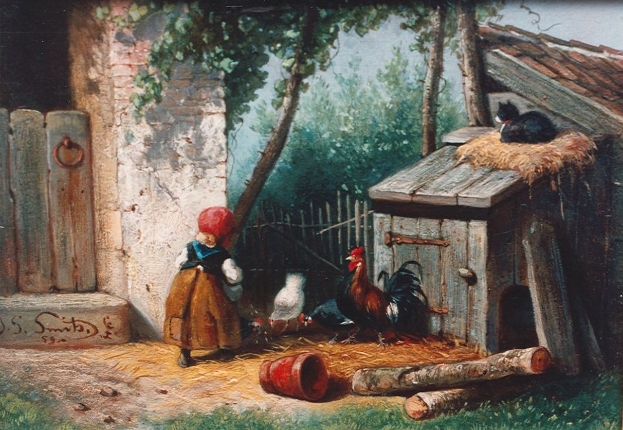 Smits J.G.  | Jan Gerard Smits, Feeding the chickens, Öl auf Holz 14,0 x 19,5 cm, signed l.l. und dated '59