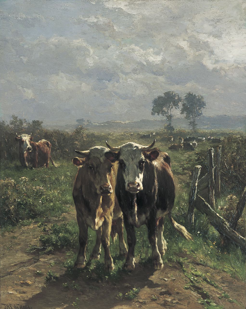 Haas J.H.L. de | Johannes Hubertus Leonardus de Haas, Cows in a sunlit Landscape, Öl auf Holz 80,8 x 64,5 cm, signed l.l.