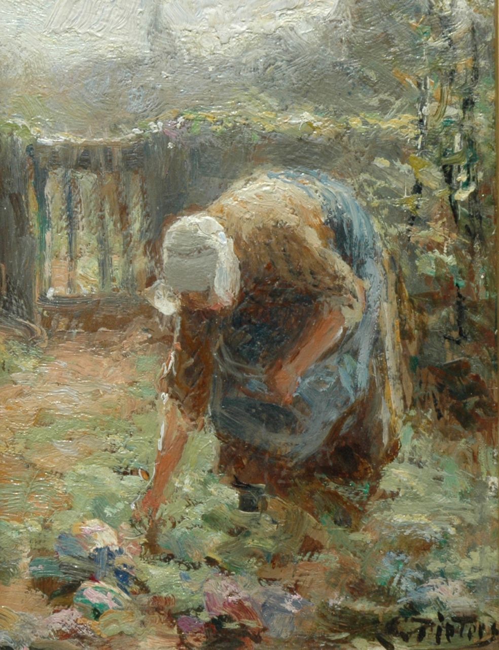 Pieters E.  | Evert Pieters, A farmer's wife at work (counterpart of inventory number 7485), Öl auf Holz 16,0 x 12,0 cm, signed l.r.