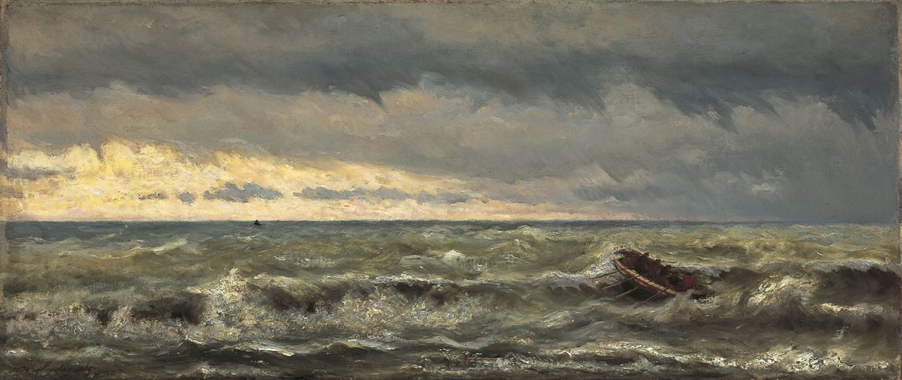 Mesdag H.W.  | Hendrik Willem Mesdag, Reddingsboot in de branding, Öl auf Leinwand 44,4 x 103,5 cm, gesigneerd linksonder und gedateerd 1869