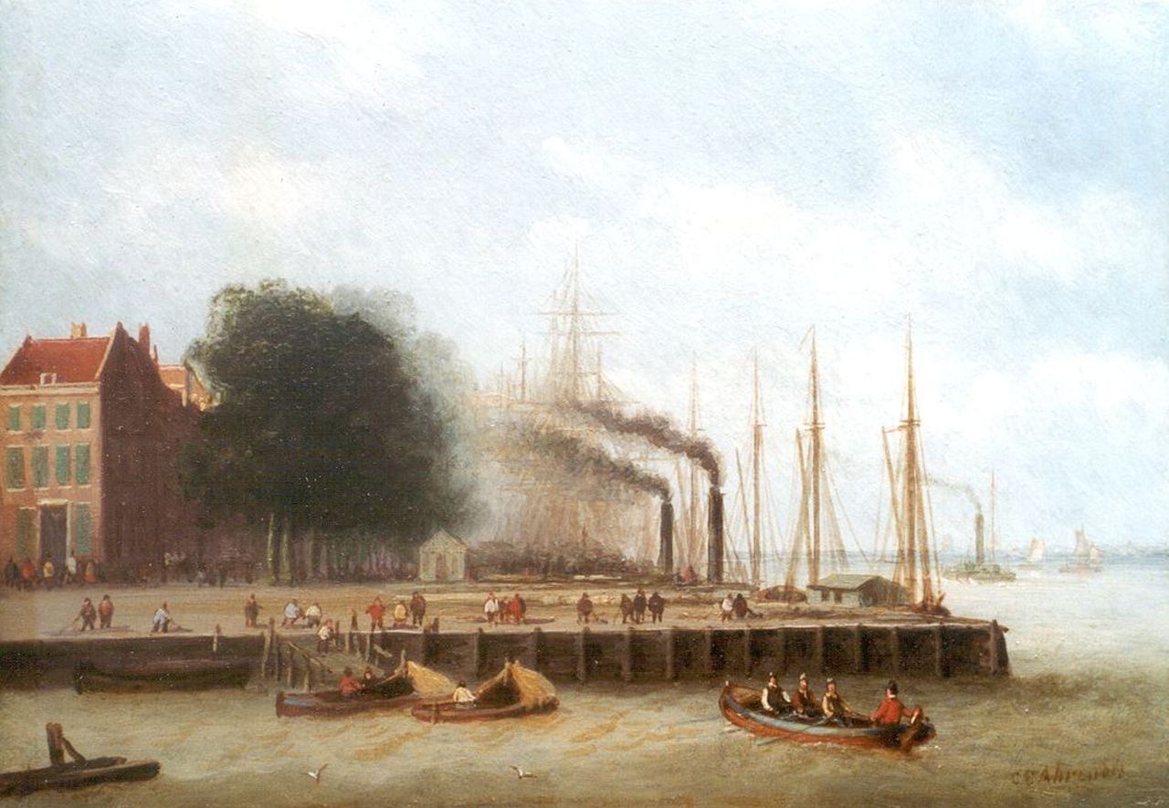 Ahrendts C.E.  | Carl Eduard Ahrendts, A view of the 'Boompjes', Rotterdam, Öl auf Holz 16,1 x 22,8 cm, signed l.r.