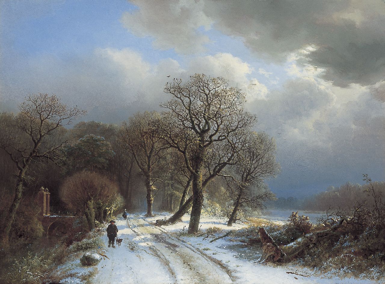 Koekkoek B.C.  | Barend Cornelis Koekkoek, Travellers in a winter landscape, Öl auf Holz 37,0 x 50,5 cm, Unterzeichnet r.u. und datiert 1834