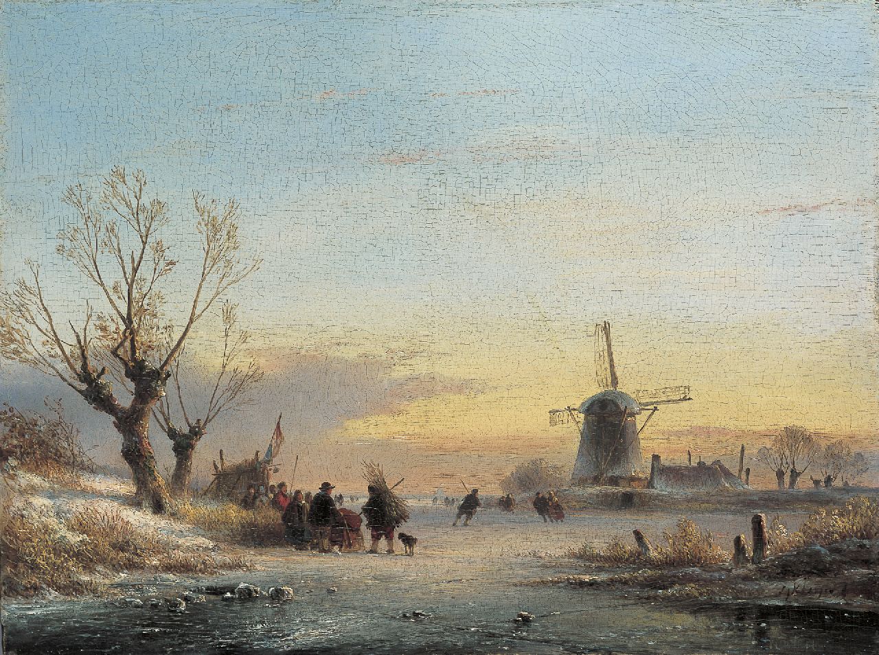 Kleijn L.J.  | Lodewijk Johannes Kleijn, Skaters on the ice by a 'koek en zopie', Öl auf Holz 27,7 x 37,0 cm, signed l.r.