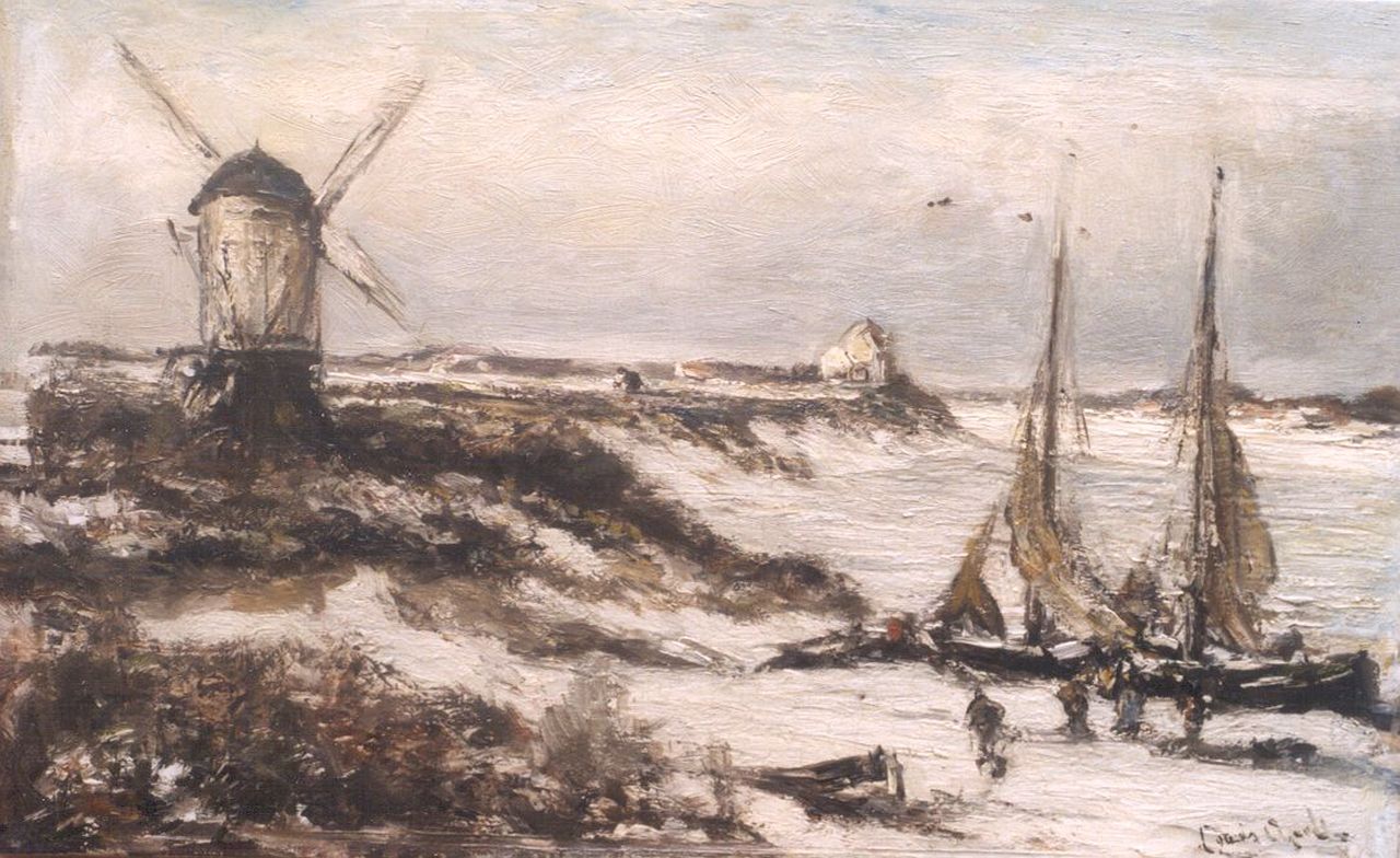 Apol L.F.H.  | Lodewijk Franciscus Hendrik 'Louis' Apol, A winter landscape with moored sailing vessels, Öl auf Leinwand 31,8 x 50,0 cm, signed l.r.