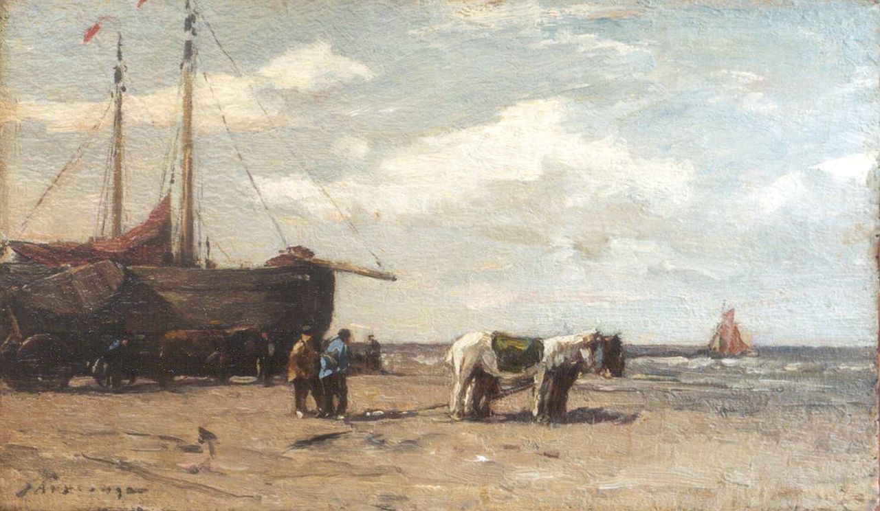 Akkeringa J.E.H.  | 'Johannes Evert' Hendrik Akkeringa, 'Bomschuiten' and figures on the beach, Öl auf Holz 14,3 x 24,3 cm, signed l.l.