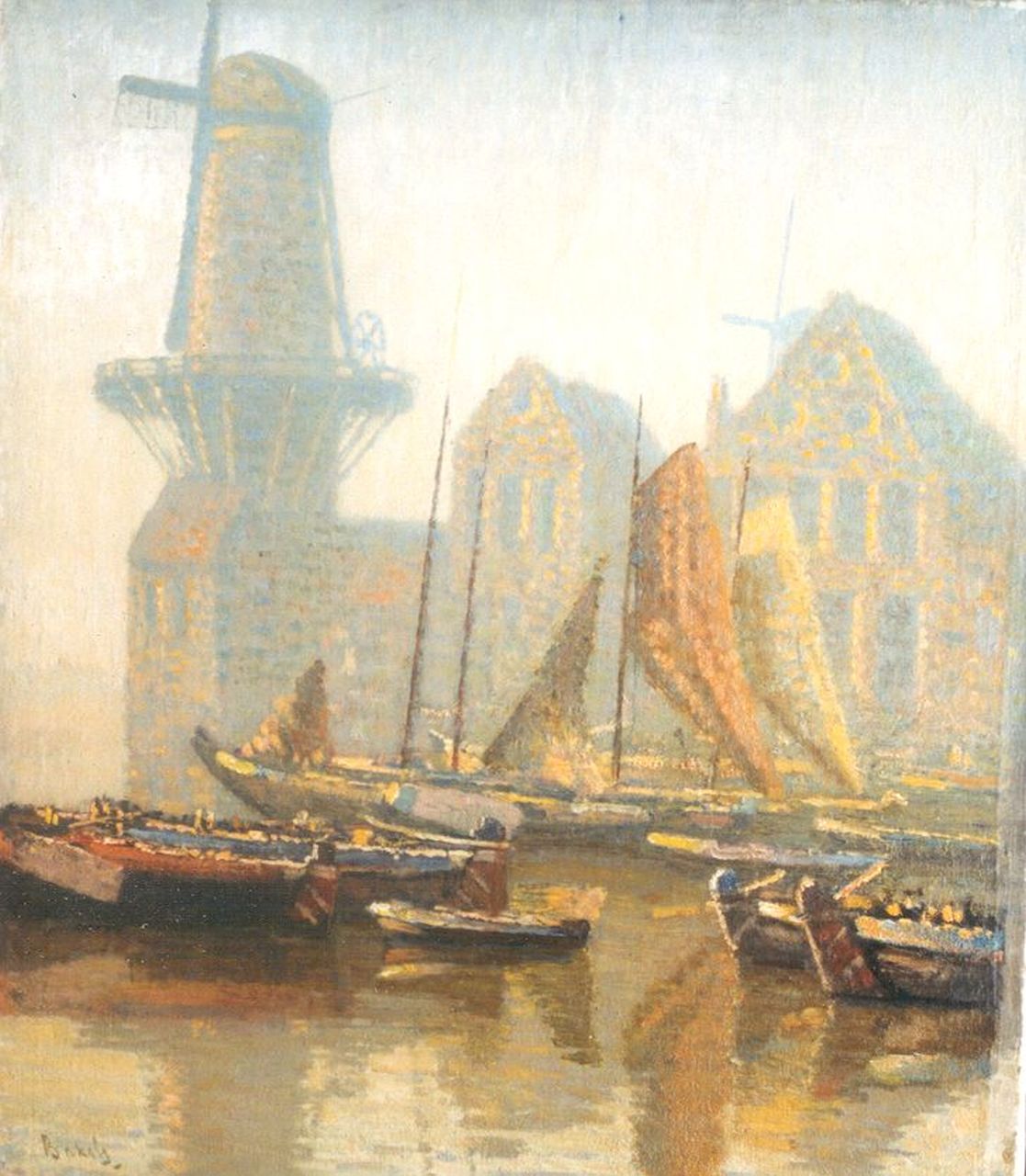 Bakels R.S.  | Reinier Sybrand Bakels, Fishing-boats by a windmill, Delfshaven, Öl auf Leinwand 64,0 x 55,1 cm, signed l.l.