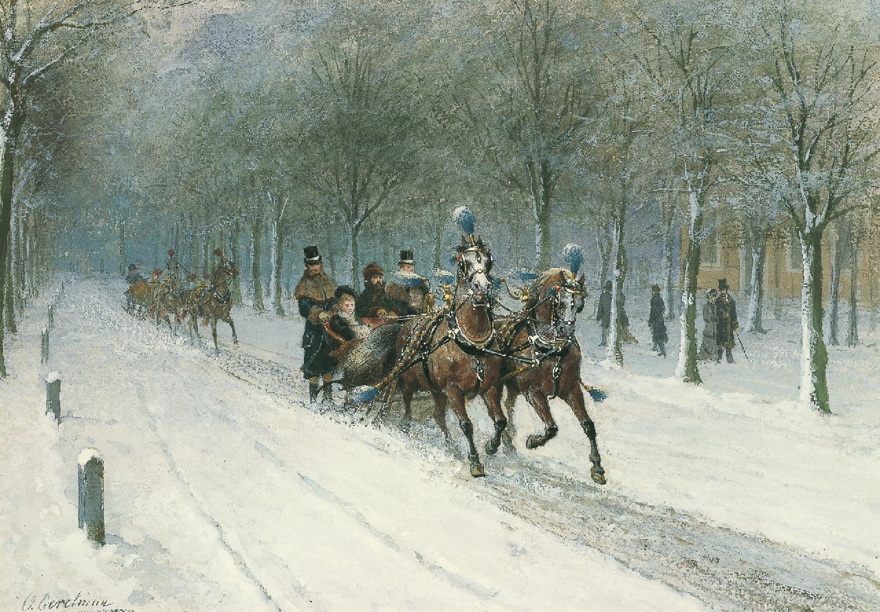 Eerelman O.  | Otto Eerelman, Horse-sledge, Haagse Bos, Aquarell und Gouache auf Papier 26,2 x 37,4 cm, signed l.l.
