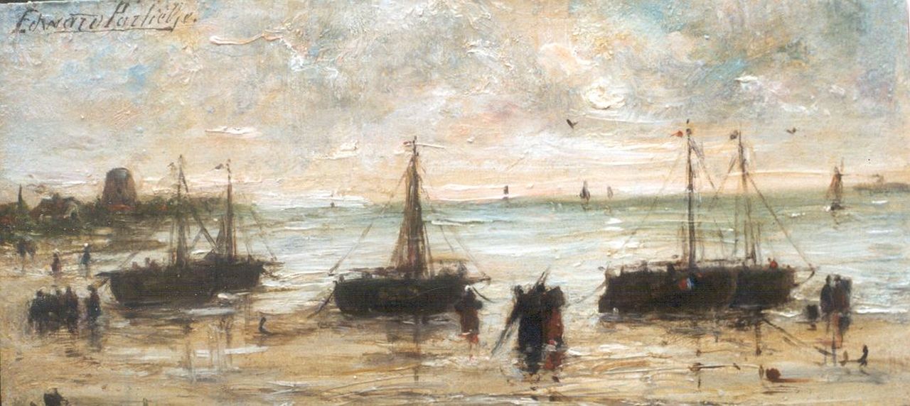 Portielje E.A.  | 'Edward' Antoon Portielje, Anchored 'bomschuiten' on the beach, Öl auf Holz 8,3 x 17,4 cm, signed u.l.