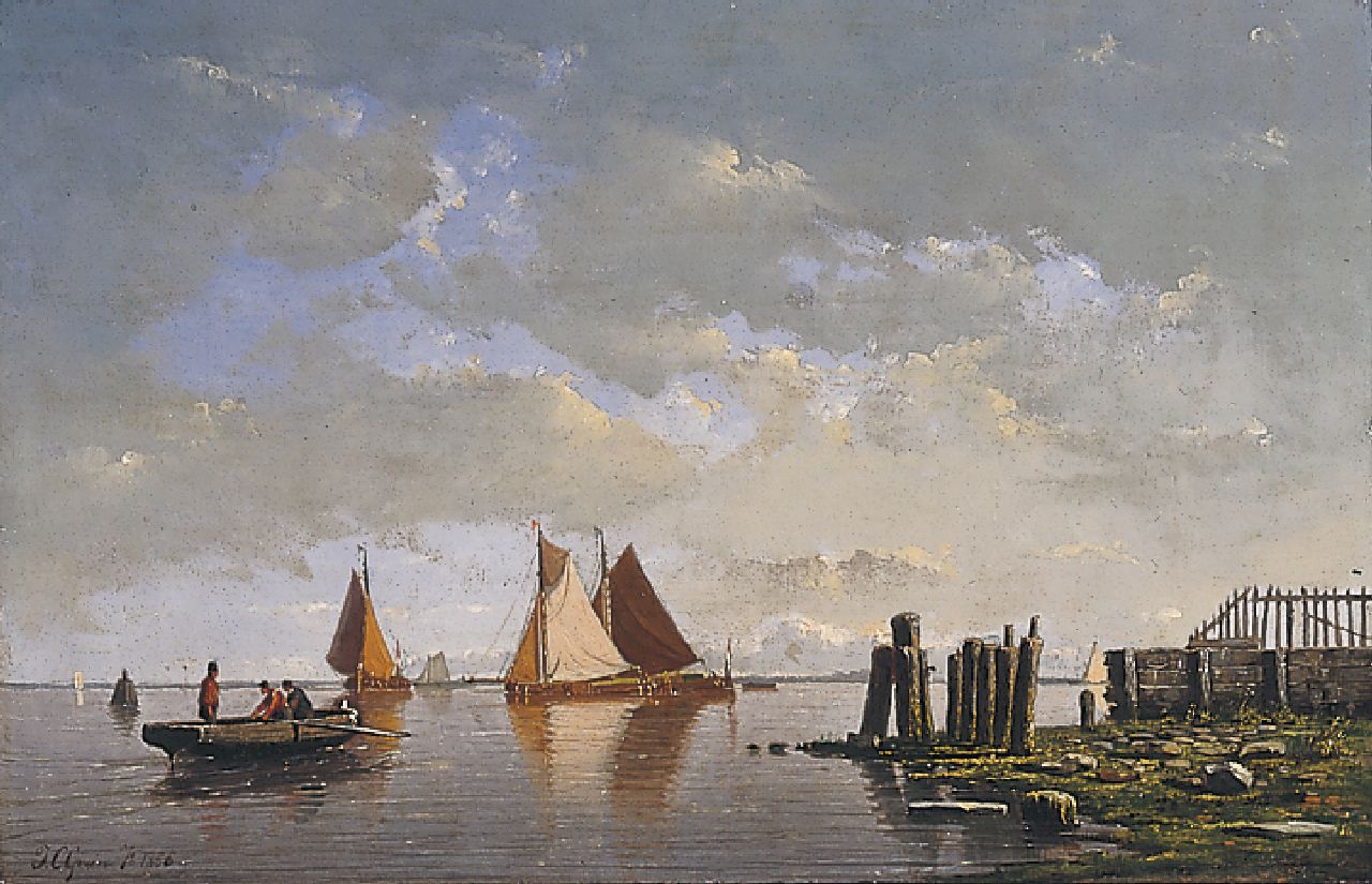 Greive J.C.  | Johan Conrad 'Coen' Greive, A sea view with barges and a rowing boat, Öl auf Holz 22,0 x 33,4 cm, signed l.l. und dated 1856