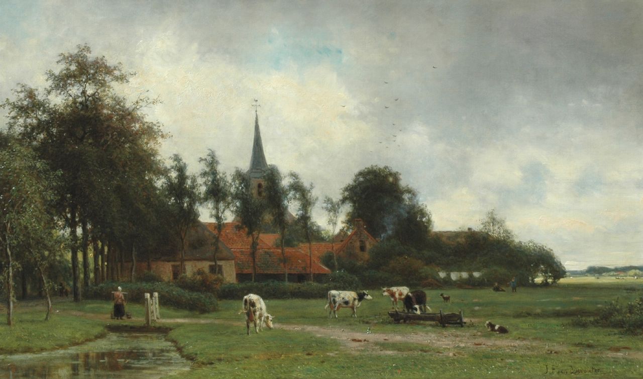 Deventer J.F. van | Jan Frederik van Deventer, Cattle in a meadow, a church beyond, Öl auf Leinwand 53,5 x 89,2 cm, signed l.r.
