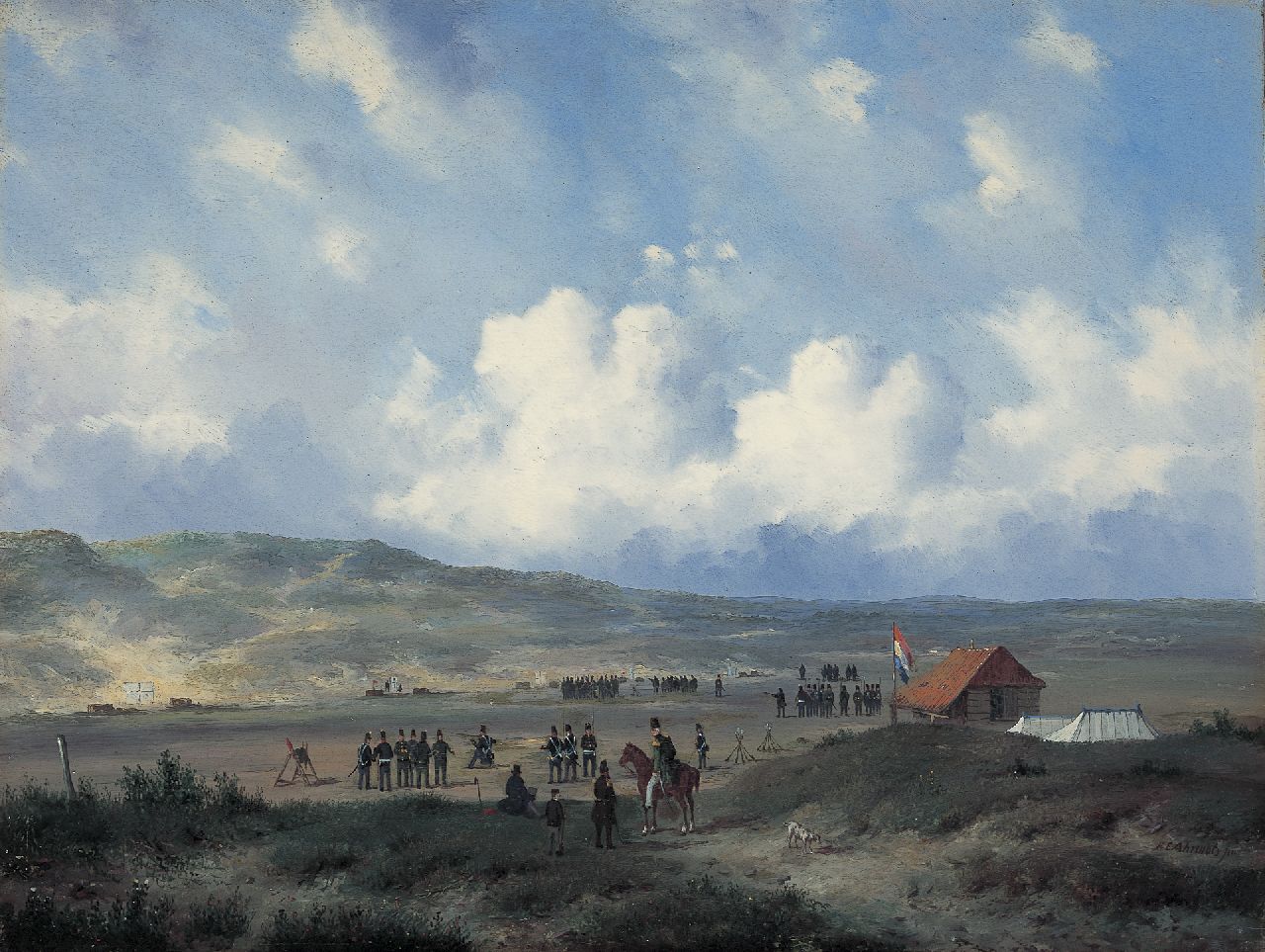 Ahrendts C.E.  | Carl Eduard Ahrendts, Infantry at the shooting-range in the dunes near Waalsdorp, Öl auf Holz 33,0 x 43,7 cm, gesigneerd rechtsonder und te dateren na 1840