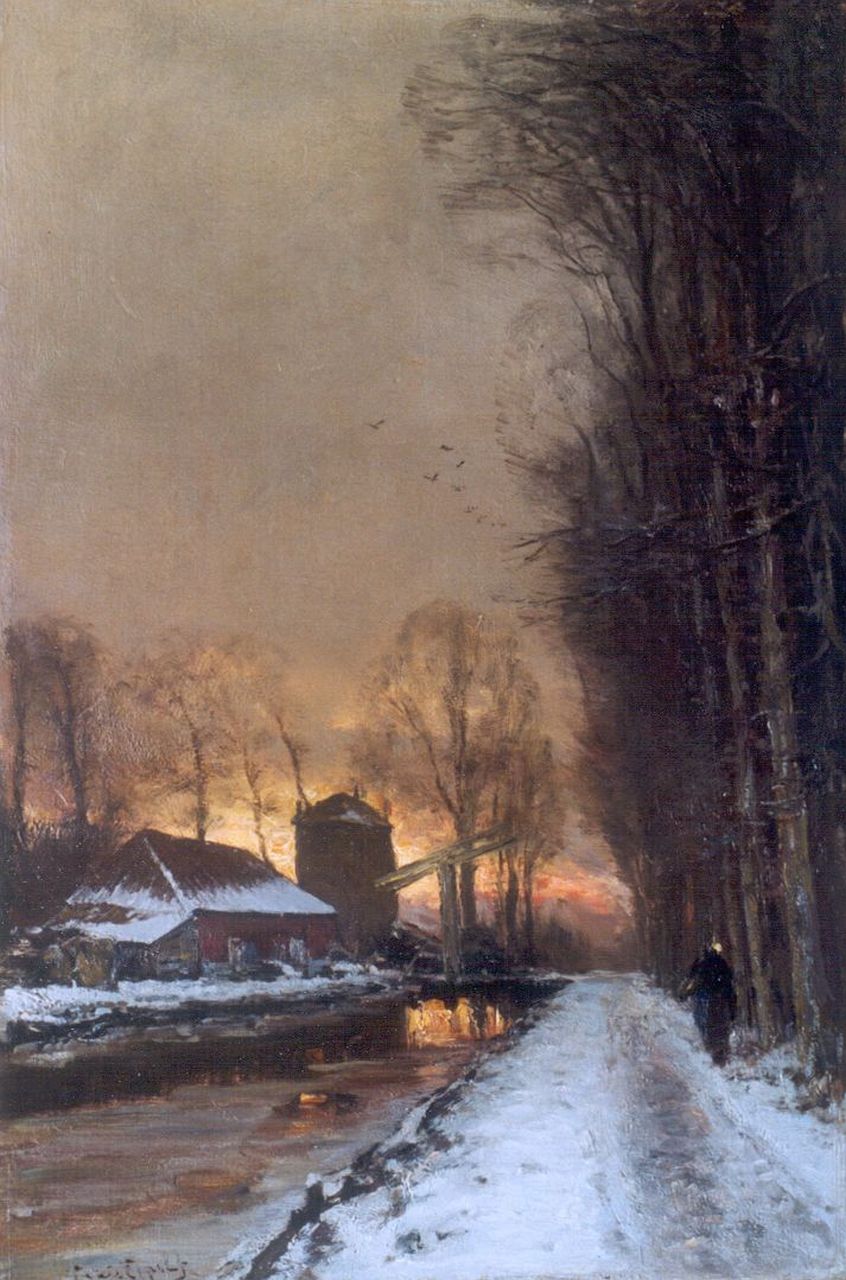 Apol L.F.H.  | Lodewijk Franciscus Hendrik 'Louis' Apol, A winter landscape with a  traveller on a path at dusk, Öl auf Leinwand 60,1 x 40,2 cm, signed l.l.