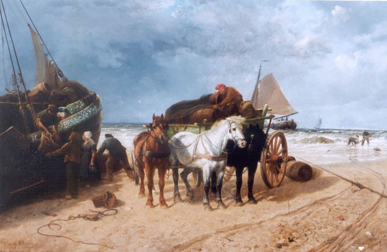 Richard Beavis | Unloading the catch, Scheveningen, Öl auf Leinwand, 86,5 x 124,6 cm, Unterzeichnet l.u. und datiert 1872