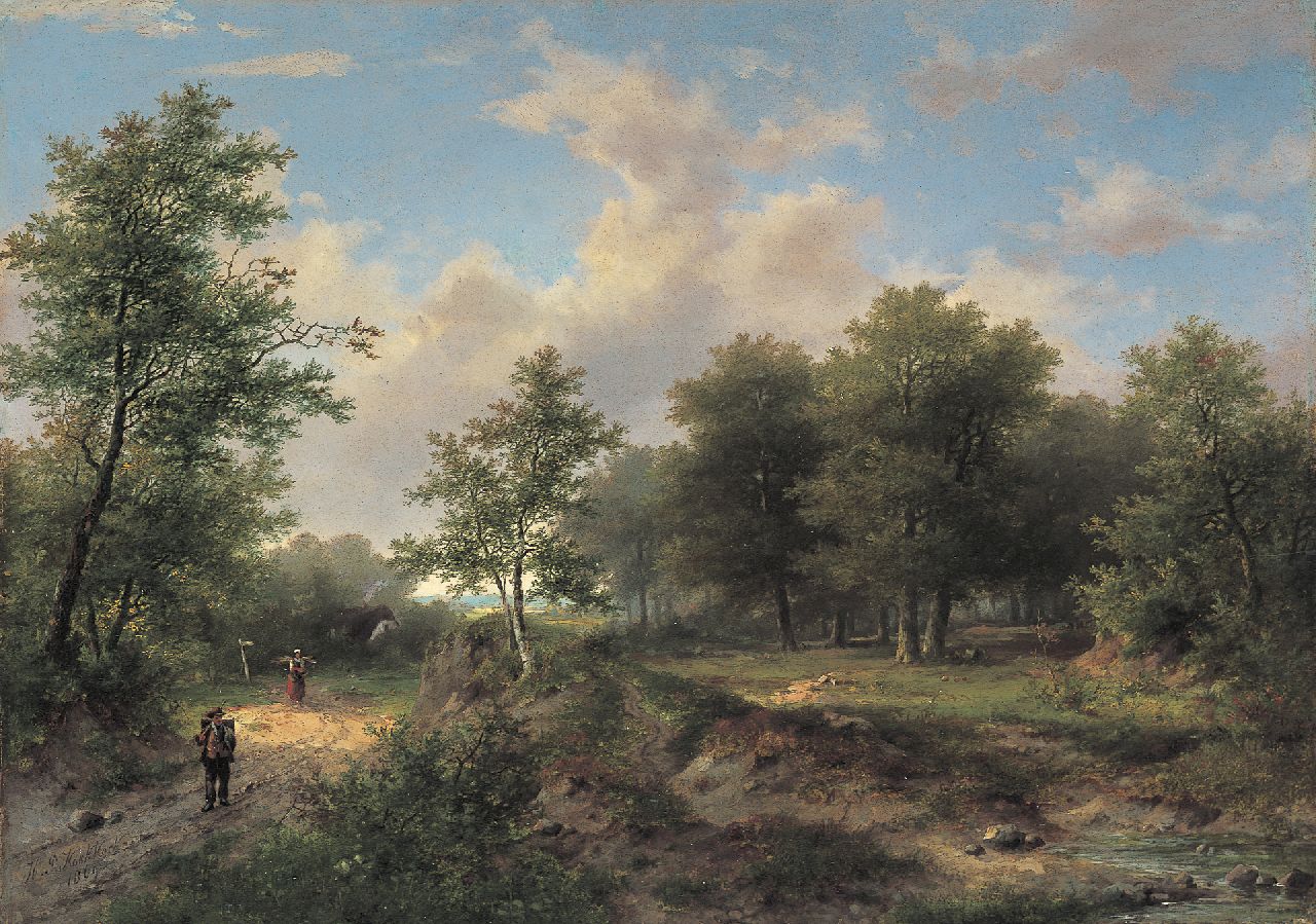 Koekkoek P.H.  | Pieter Hendrik 'H.P.' Koekkoek, Reisende auf einem Waldweg, Öl auf Holz 28,6 x 40,3 cm, Unterzeichnet l.u. und datiert 1869