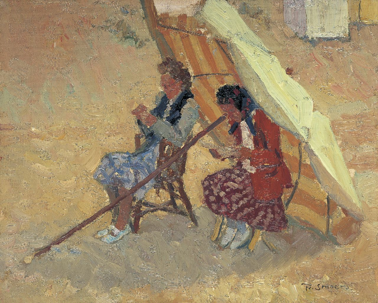 Smeers F.  | Frans Smeers, Women reading on the beach of Nieuwpoort, Öl auf Leinwand Malereifaser 32,9 x 40,9 cm, signed l.r.