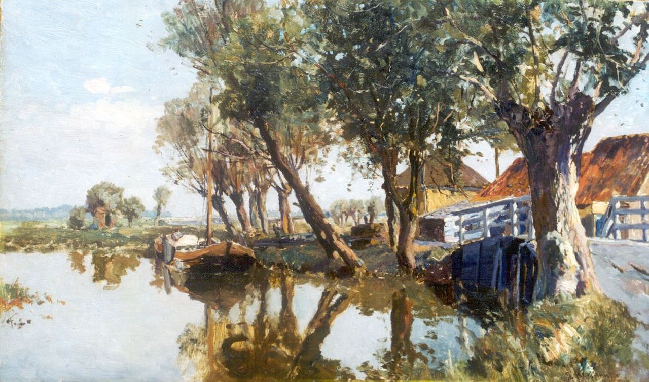 Altmann G.  | Gerard Altmann, Moored boats near a farm, Öl auf Holzfaser 37,9 x 62,0 cm, signed l.r.