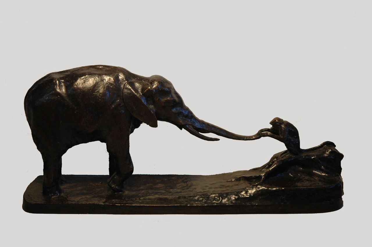 Sallé A.A.  | André Augustin Sallé, Elefant mit Äffchen, Bronze 13,7 x 31,0 cm, Unterzeichnet auf der Basis und zu datieren um 1920 - 1930