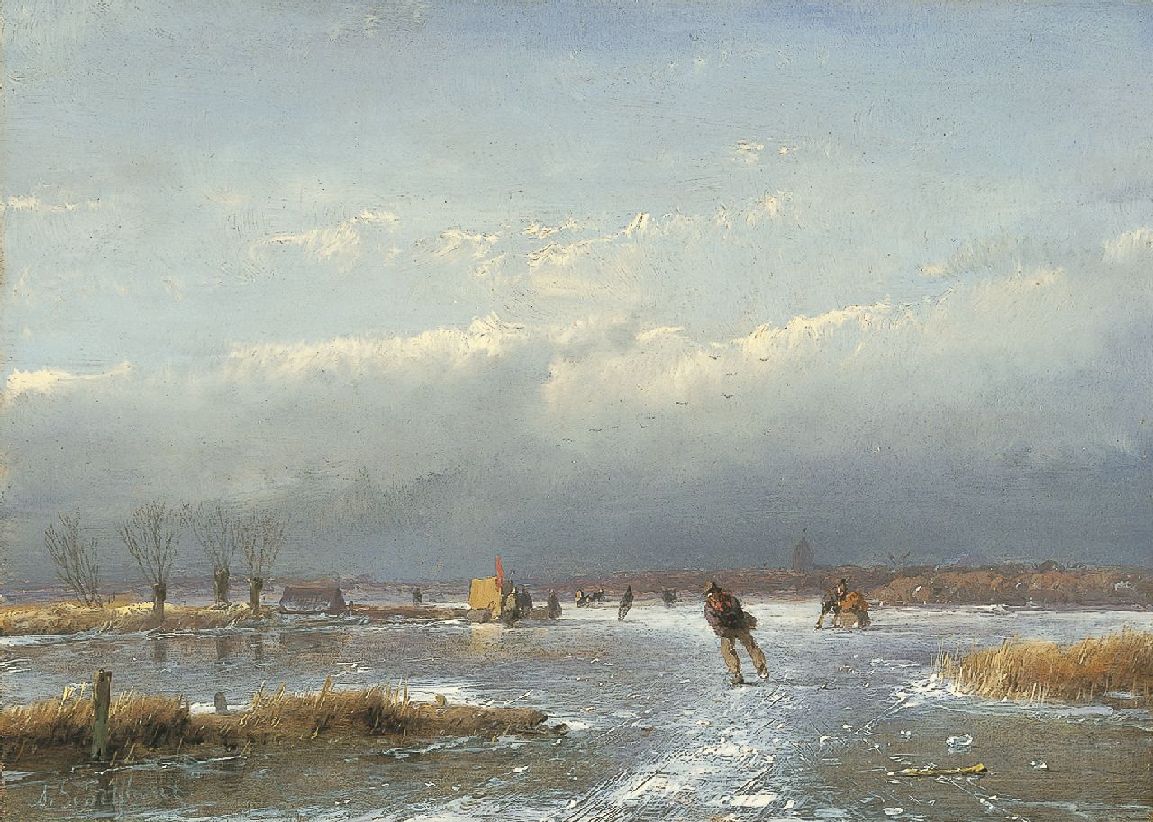 Schelfhout A.  | Andreas Schelfhout, A winter landscape with skaters and a 'koek-en-zopie' on the ice, Öl auf Holz 17,3 x 24,1 cm, signed l.l. und painted between 1866-1868