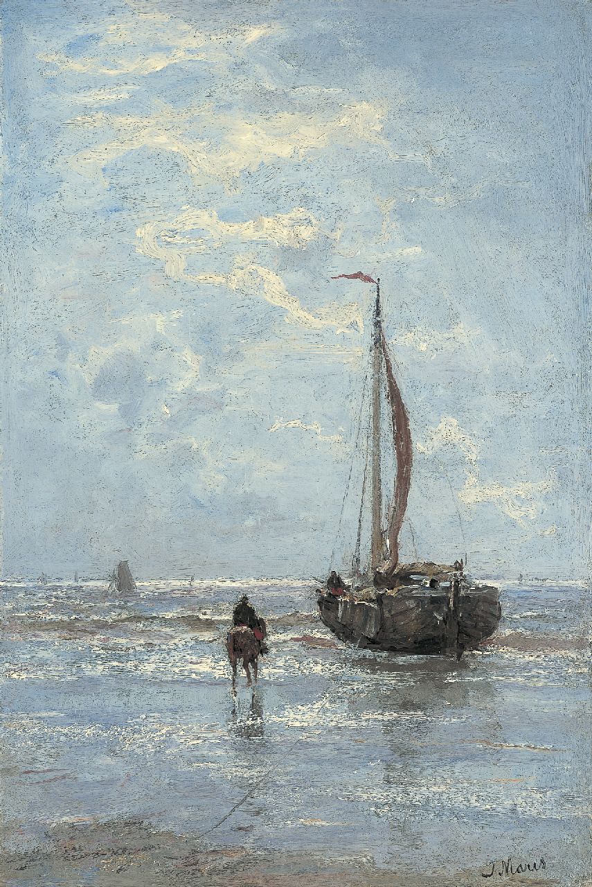 Maris J.H.  | Jacobus Hendricus 'Jacob' Maris, 'Bomschuit' on the beach, Öl auf Leinwand 44,0 x 29,8 cm, signed l.r.