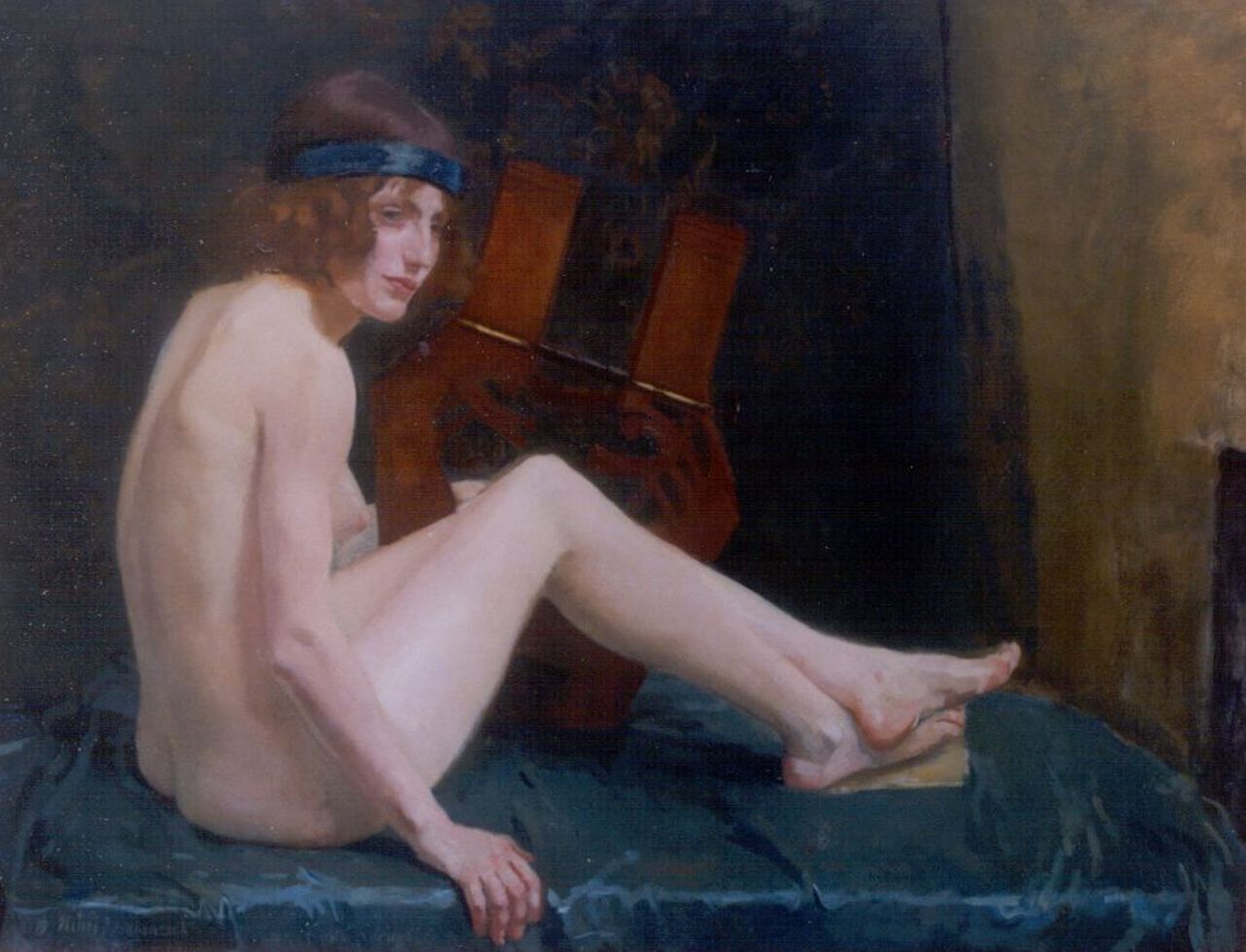 Braakensiek H.  | Henri Braakensiek, A female nude with a lyre, Öl auf Leinwand 101,0 x 131,0 cm, signed l.l. und dated '14