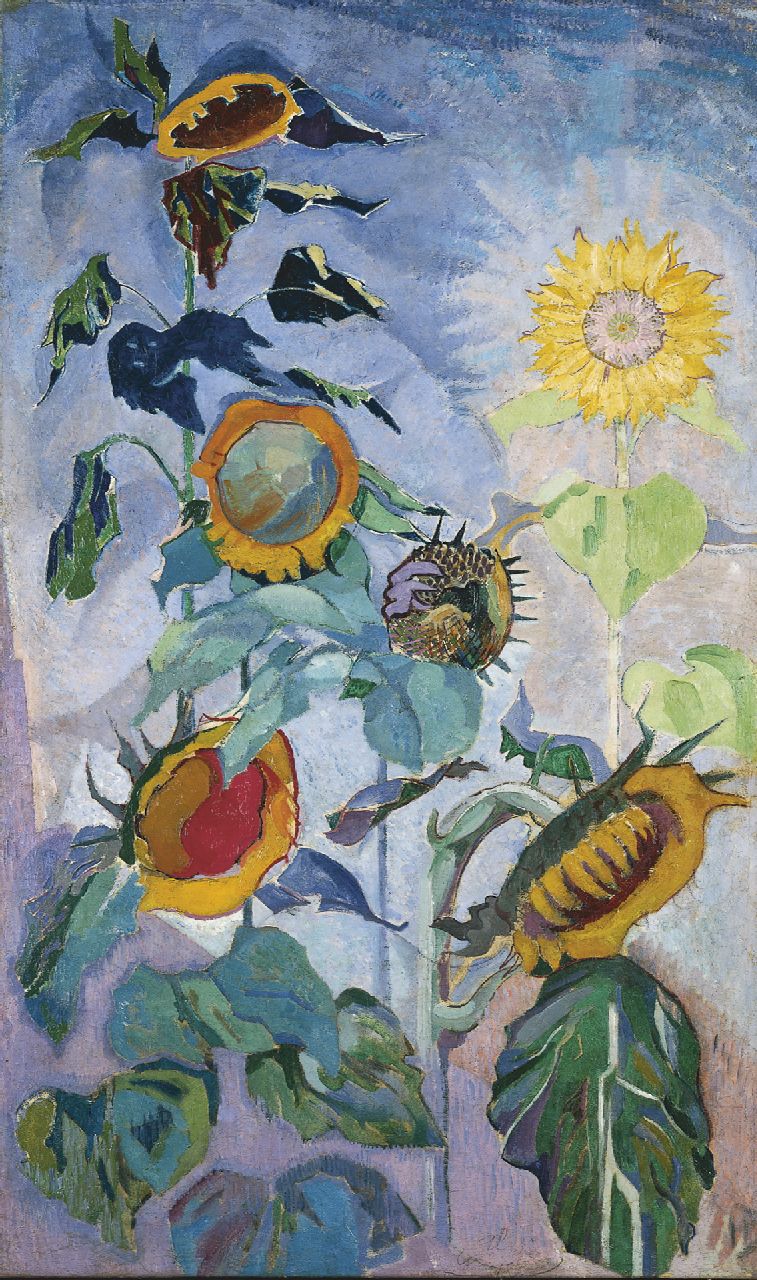 Braakensiek H.  | Henri Braakensiek, Sunflowers, Öl auf Leinwand 122,8 x 70,5 cm, signed l.r. and on the reverse with initials und dated 1918 on the reverse